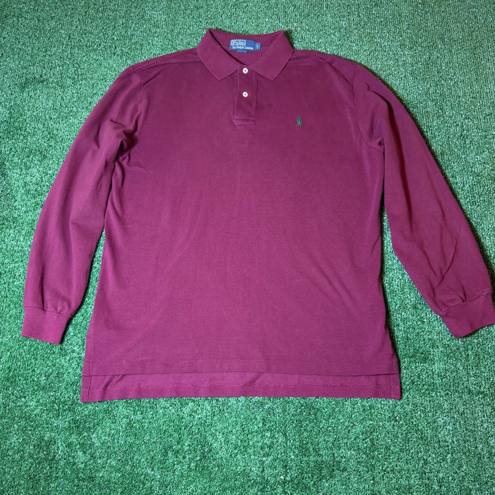 Polo Ralph Lauren Mens Long Sleeve Polo Shirt Burgundy Maroon Cotton Pique L